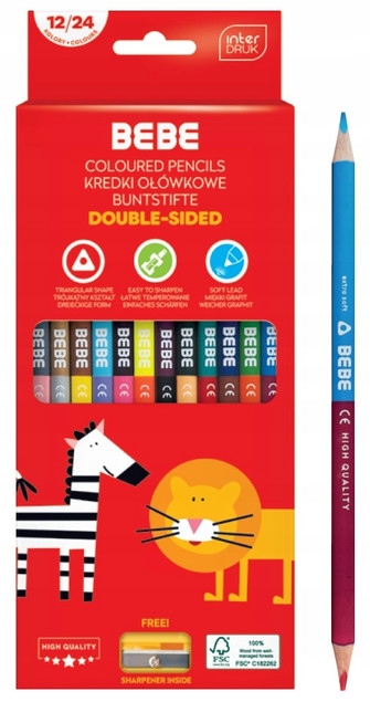 Kredki Ołówkowe Trójkątne Dwustronne Interdruk BEBE 24 kolory + Temperówka
