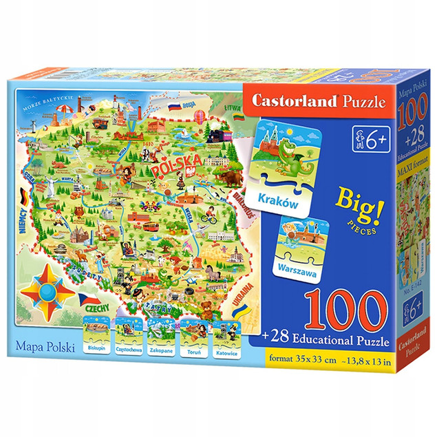 Puzzle 100 Układanka MAPA POLSKI Dla Dzieci 28 Puzzli z Miastami 6+ Castor