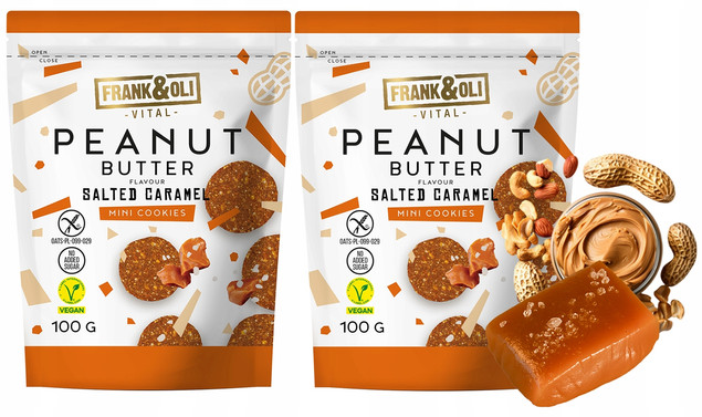 FRANK&OLI Ciasteczka Mini MASŁO ORZECHOWE SŁONY KARMEL Białko 100g x2