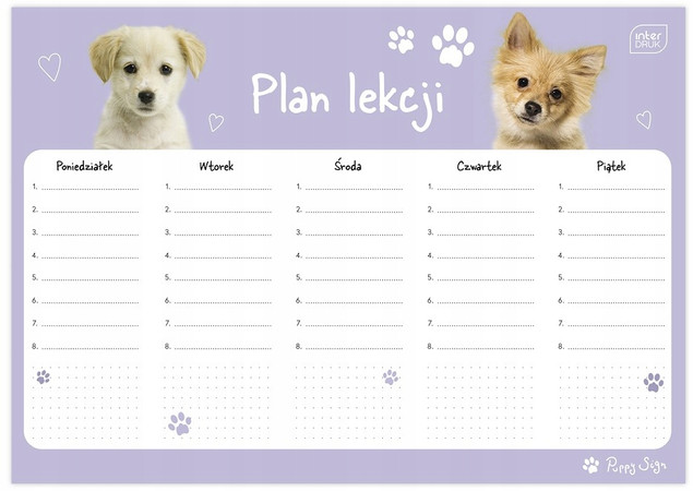 Plan lekcji A4 tygodniowy plan zajęć dla dzieci PUPPY dziewczęcy Interdruk
