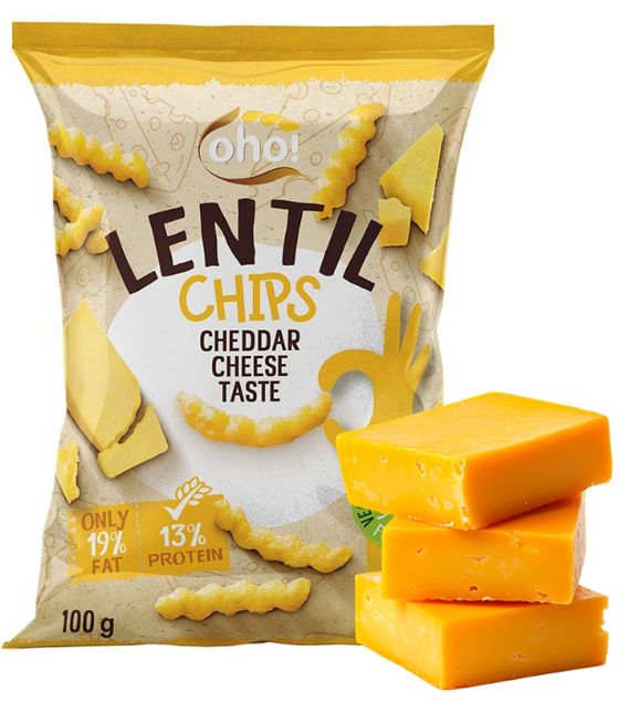 CHIPSY Chrupki z Czerwonej Soczewicy o Smaku SERA CHEDDAR 100g Oho!