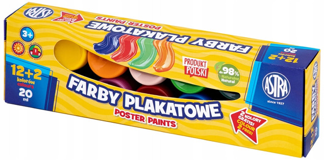 ASTRA Farby Plakatowe Szkolne 12 + 2 Kolorów Wydajne 20ml Astra