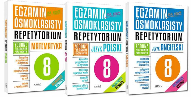 3x Egzamin Ósmoklasisty MATEMATYKA POLSKI ANGIELSKI Repetytorium Greg