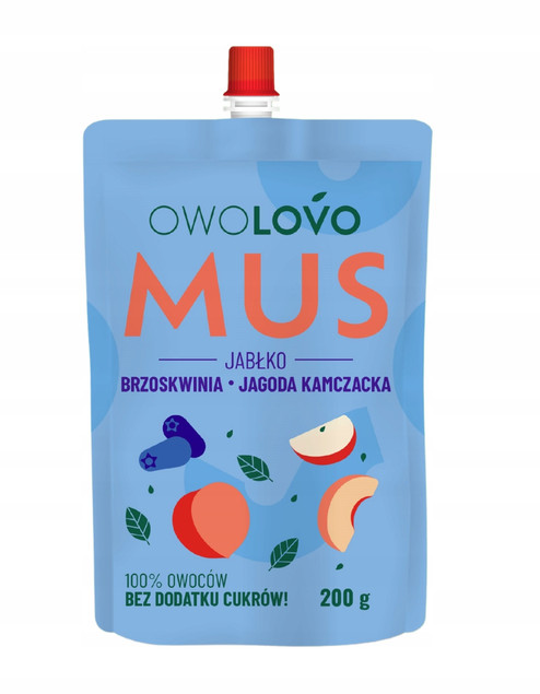 OWOLOVO PREMIUM mus owocowy JABŁKO BRZOSKWINIA JAGODA KAMCZACKA 200g NOWY