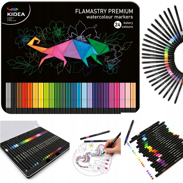 Flamastry Kwadratowe Premium 24 Kolory W Metalowym Pudełku Kidea