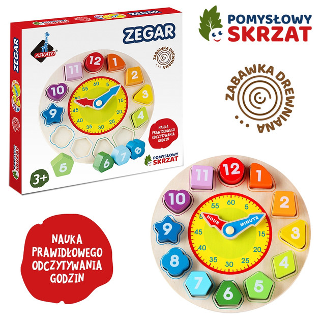 ASKATO Drewniany Zegar Skrzat 1171 | Nauka Czasu, Kształtów i Cyferek