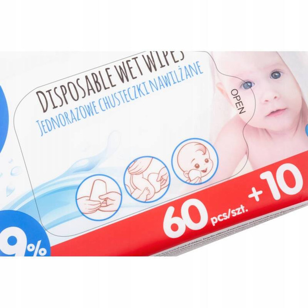 Chusteczki nawilżane 99% wody 70szt Akuku