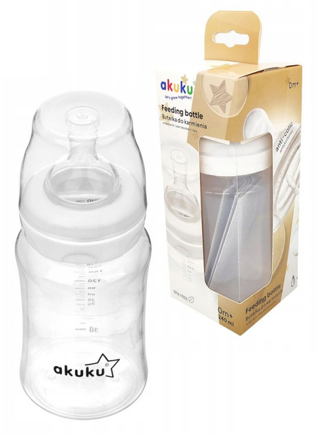AKUKU Butelka Szeroka Antykolkowa Smoczek Do Karmienia 240ml 0m+ A0107