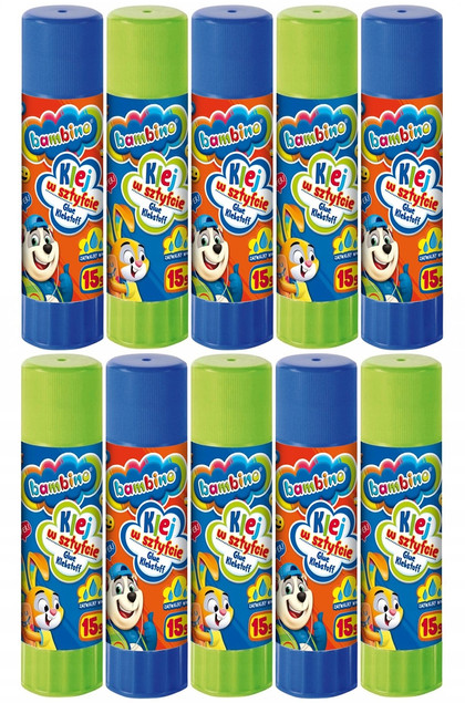 10x Klej w Sztyfcie Szkolny Biurowy Mocny Zmywalny Bezbarwny 15g Bambino
