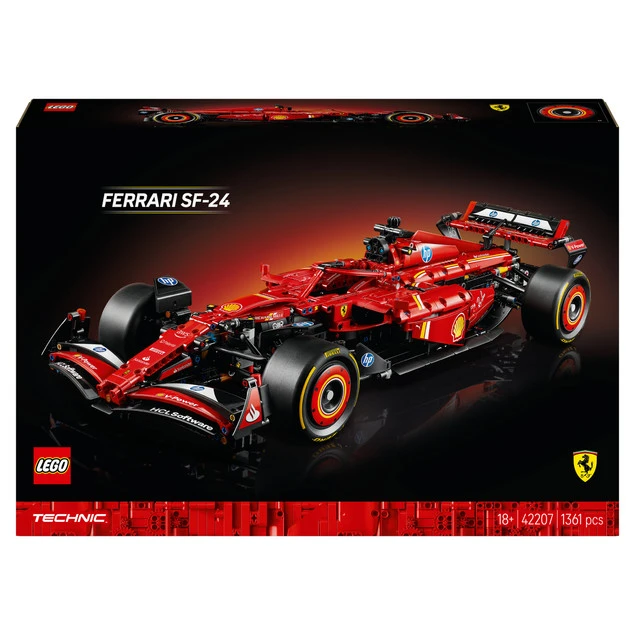 Model LEGO Technic 42207 Bolid F1 Ferrari SF-24 na tle wyścigowym