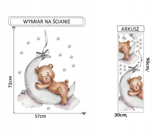 NAKLEJKI NA ŚCIANĘ DO POKOJU DZIECKA NA SZAFĘ MEBLE MIŚ ŚPIĄCY NA KSIĘŻYCU