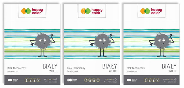 3x Blok Techniczny BIAŁY A4 10 Kartek 170g Happy Color