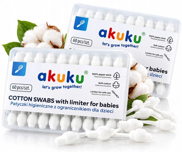 Patyczki do uszu Akuku 2x60 szt. bawełniane z ogranicznikiem