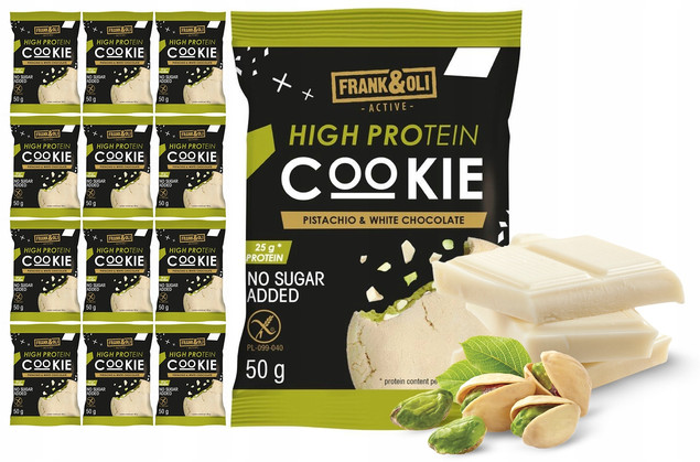FRANK&OLI Ciastko Proteinowe PISTACJA BIAŁA CZEKOLADA Miękkie 50g x12