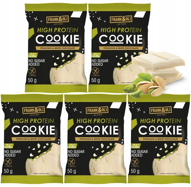 FRANK&OLI Ciastko Proteinowe PISTACJA BIAŁA CZEKOLADA Miękkie 50g x5