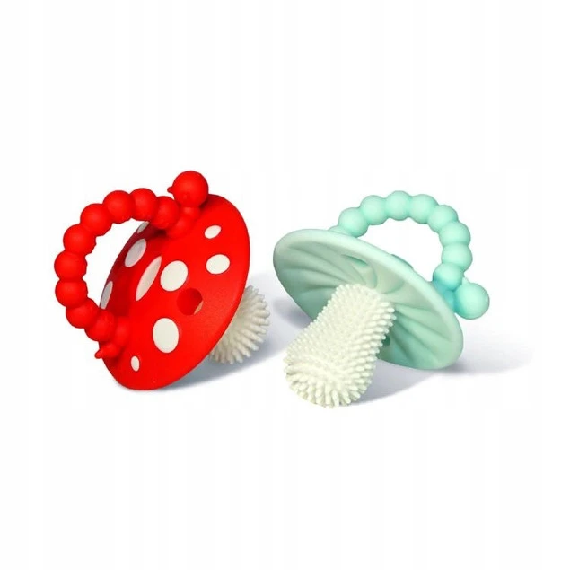 RaZbaby Gryzak Logopedyczny Silikonowy Grzybek na Ząbkowanie 3m+ (2 sztuki, Czerwony/Niebieski)