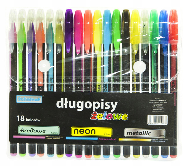DŁUGOPISY ŻELOWE ZESTAW 18 KOLORÓW MIX KREDOWE NEONOWE METALICZNE DO SZKOŁY