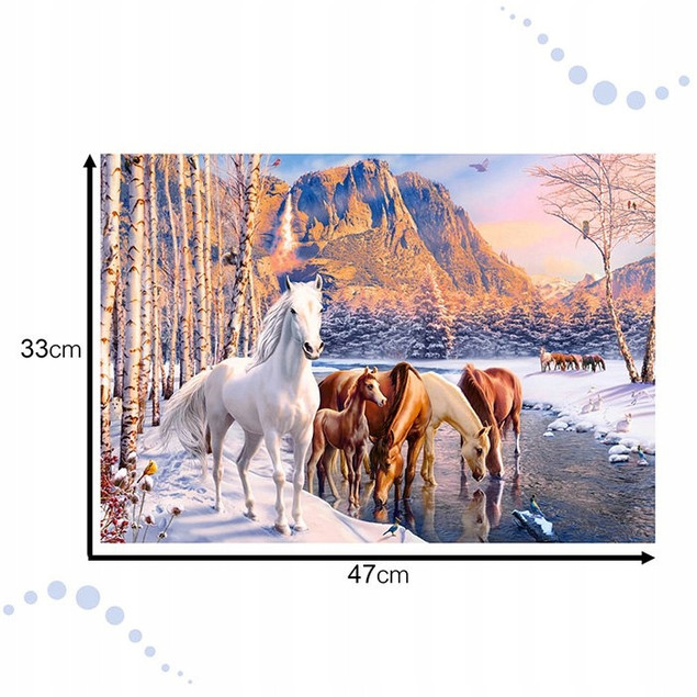 Puzzle 500 Zima KONIE Góry Rzeka Las - Castorland