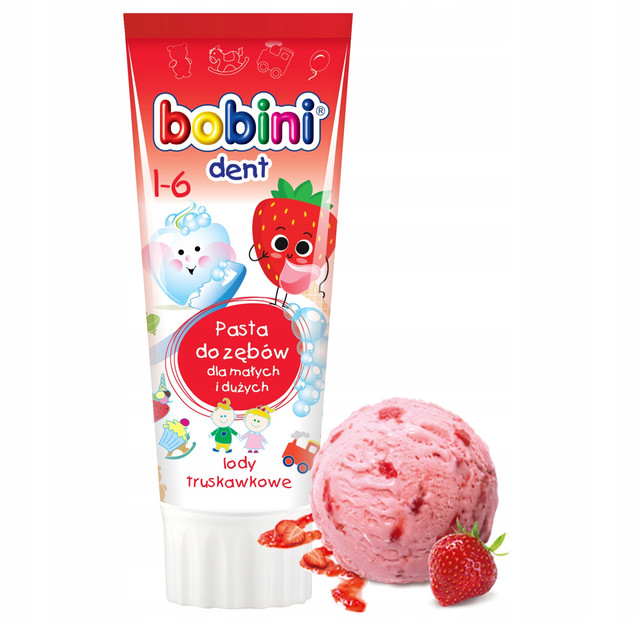 BOBINI Pasta Do Zębów DLA DZIECI 1-6 lat o Smaku LODÓW TRUSKAWKOWYCH 75ml