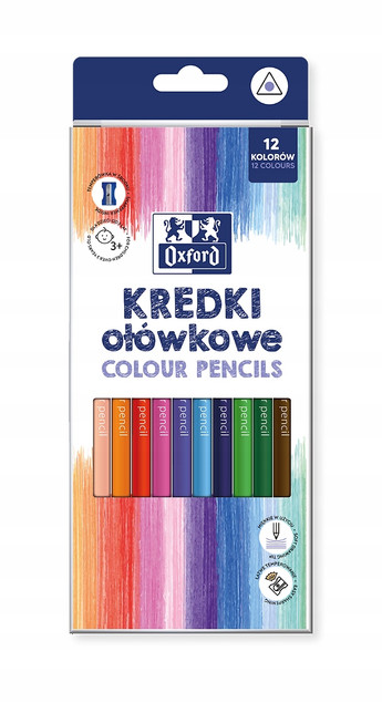 Kredki Ołówkowe Trójkątne Szkolne Oxford 12 Kolorów + Temperówka