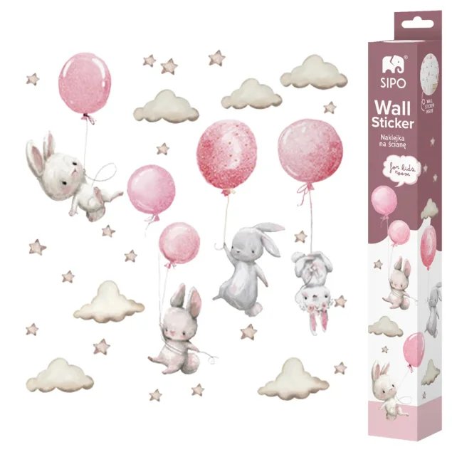 NAKLEJKI NA ŚCIANĘ DO POKOJU DZIECKA NA MEBLE KRÓLICZKI BALONY RÓŻOWE