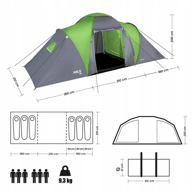 Duży Namiot Turystyczny Kempingowy 6osobowy Wodoodporny NILS NC6031