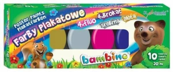 Farby Plakatowe Szkolne 10 Kolorów 4x Brokatowe 4x Fluo Bambino