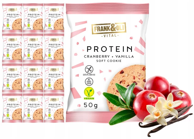 FRANK&OLI Ciastko Proteinowe ŻURAWINA WANILIA Wegan 50g x12