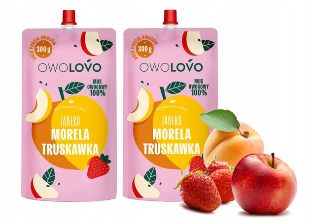 OWOLOVO Mus Owocowy 100% JABŁKO MORELA TRUSKAWKA Bez Dodatku Cukru 300g x2