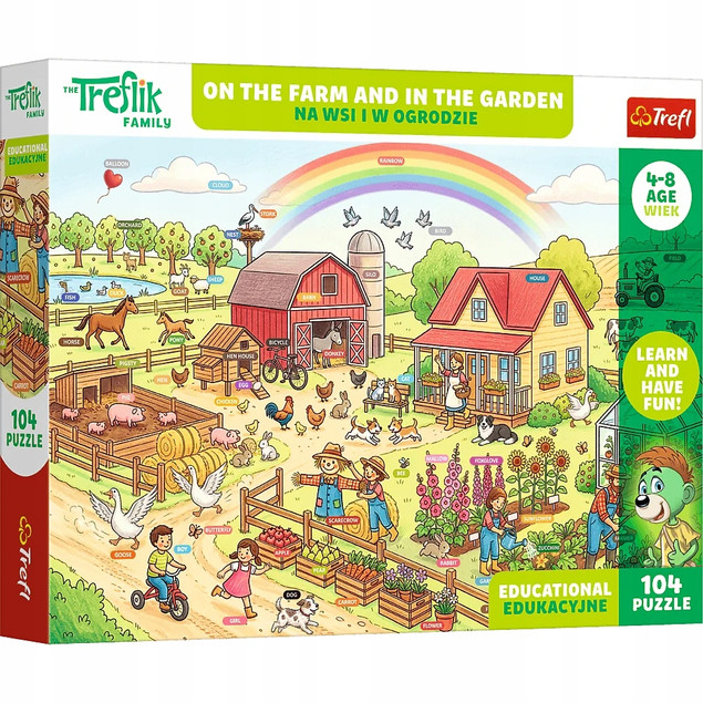 Trefl Puzzle Rodzina Treflików, Edukacyjne 104 el. Na wsi i w ogrodzie