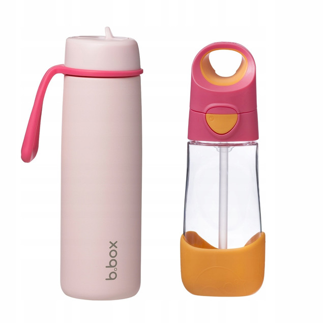 b.box Zestaw Różowy: Butelka na Wodę ze Słomką 450ml + Termiczna 690ml
