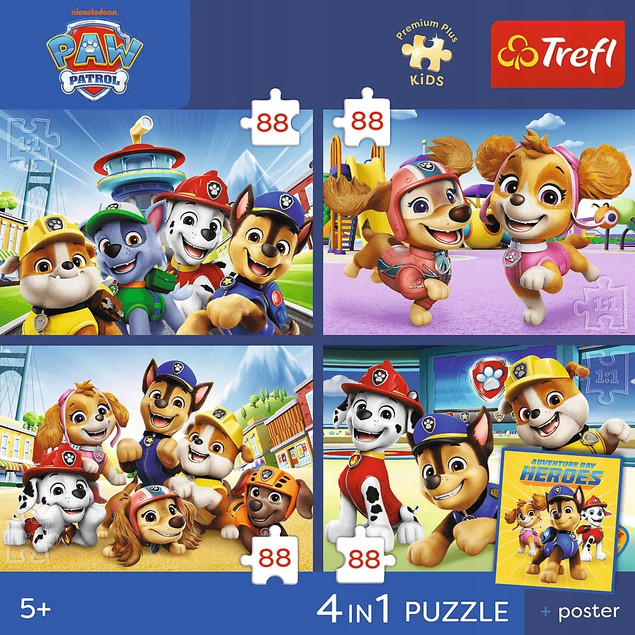 Trefl Puzzle Psi Patrol 4w1 Psia Straż 4x88 el. + Plakat
