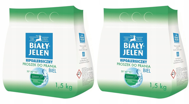 2x BIAŁY JELEŃ Hipoalergiczny Proszek Do Prania BIAŁYCH Biel Tkanin 1,5 kg