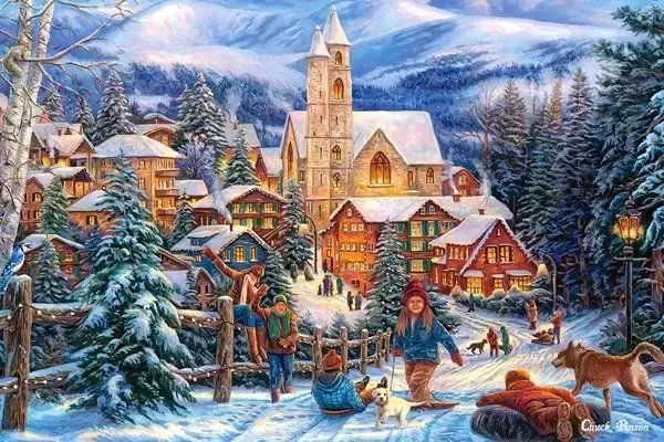 PUZZLOWA KARTKA POCZTOWA ZIMA DRZEWA WIDOK CHATKA