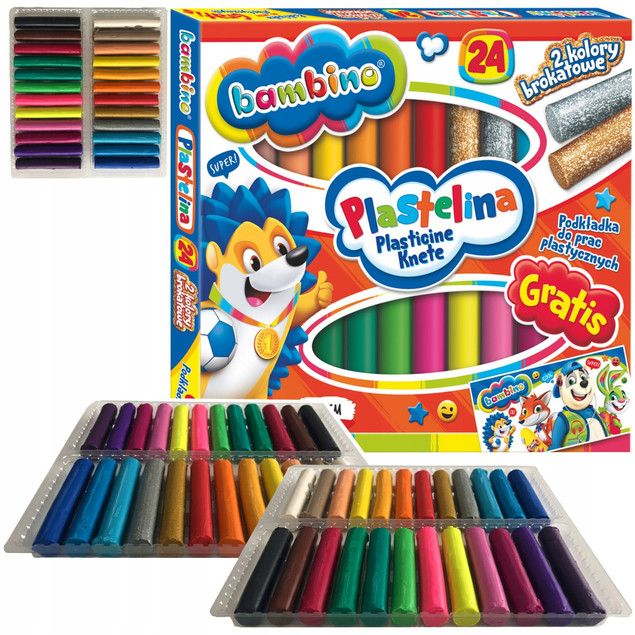 Bambino plastelina szkolna 24 kolory (złota, srebrna brokatowa) + podkładka
