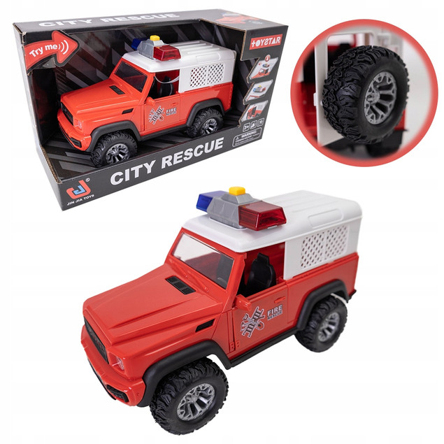 ASKATO Jeep Straż Pożarna Samochód Efekty Świetlne Dźwięki Napęd Friction 23 cm