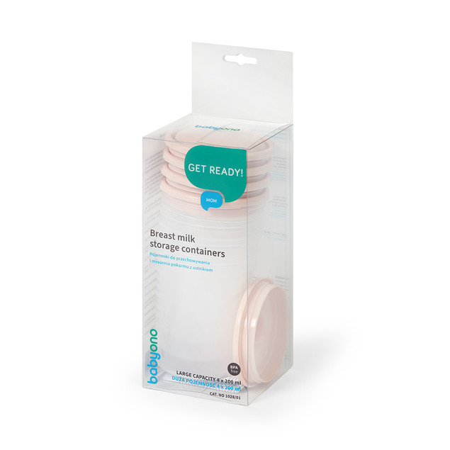 BabyOno Pojemniki na Pokarm Wielorazowe z Miarką i Ustnikiem 4x200ml BPA Free