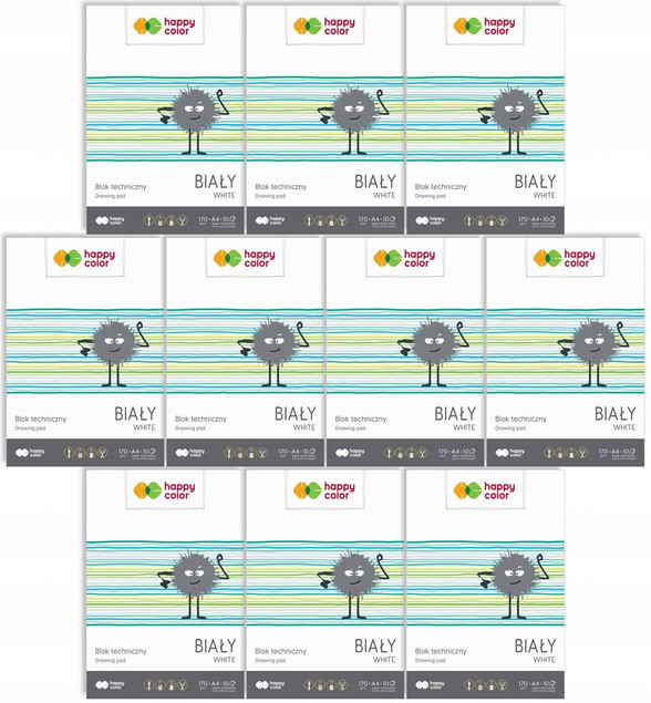 10x Blok Techniczny BIAŁY A4 10 Kartek 170g Happy Color