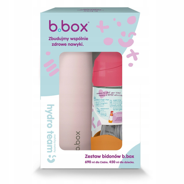 b.box Zestaw Różowy: Butelka na Wodę ze Słomką 450ml + Termiczna 690ml
