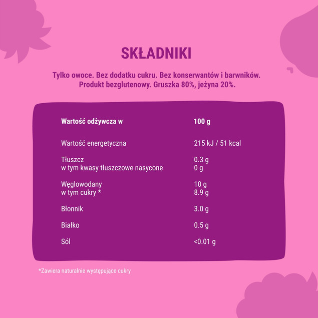 Mus owocowy 100% owoców bez dodatku cukru BOB SNAIL Gruszka Jeżyna 10х120 g