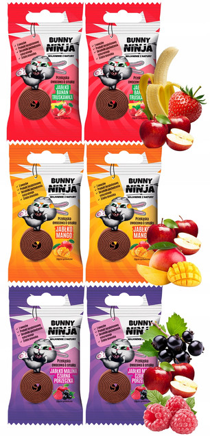 BUNNY NINJA Zestaw Przekąska Owocowa Dla Dzieci MIX SMAKÓW 15g x6