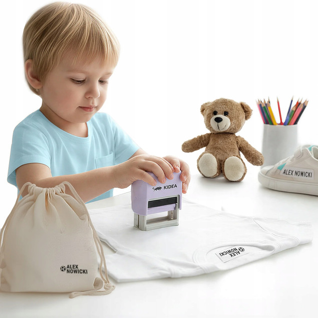 Stempel do tkanin z literkami KIDEA – fioletowy i beżowy, 0,1 kg