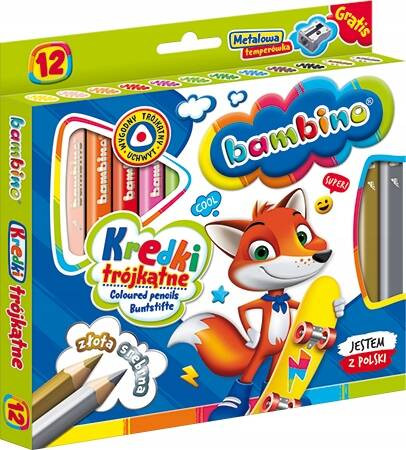 Kredki Trójkątne Jumbo Grube 12 kol. Miękkie Złota Srebrna Kredka Bambino