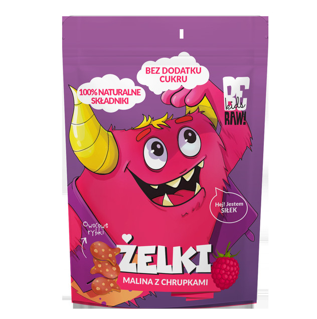 BE RAW KIDS żelki bez cukru żelatyny MALINA z CHRUPKAMI owocowe rybki 35g