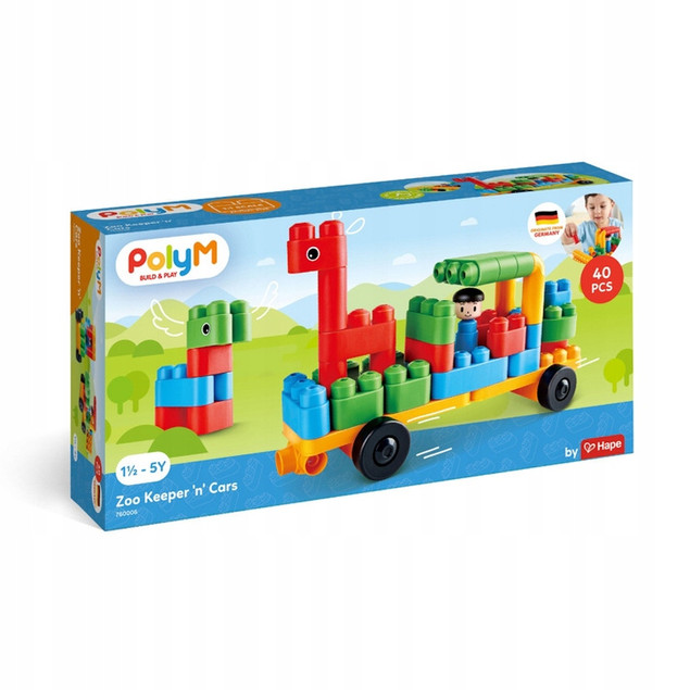 Klocki Konstrukcyjne Poly M Zoo Keeper 'n' Cars 760006, 40 el., 18m+ | Miękkie, Bezpieczne, Rozwijające