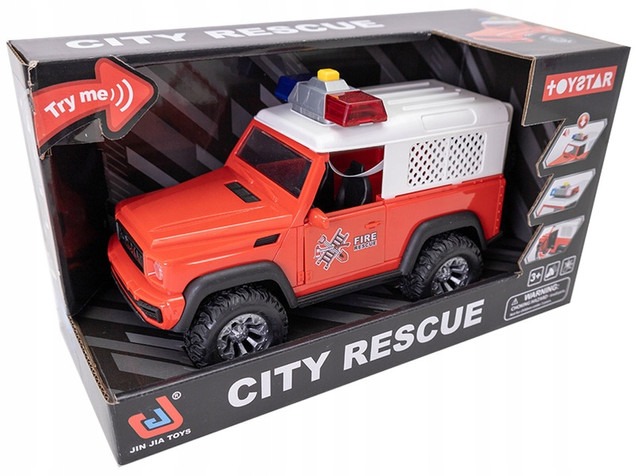 ASKATO Jeep Straż Pożarna Samochód Efekty Świetlne Dźwięki Napęd Friction 23 cm