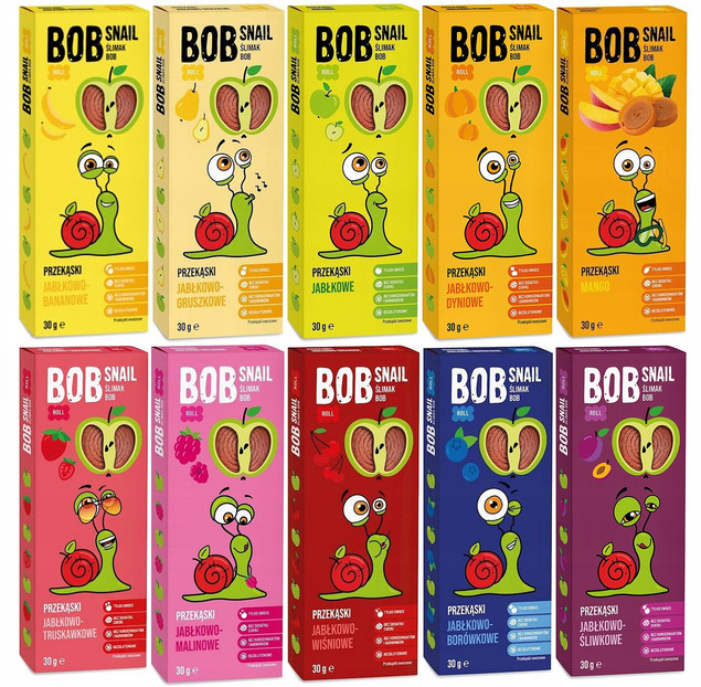 BOB SNAIL Przekąska Owocowa MIX SMAKÓW 30g x 10 Sztuk Bez Cukru i Glutenu