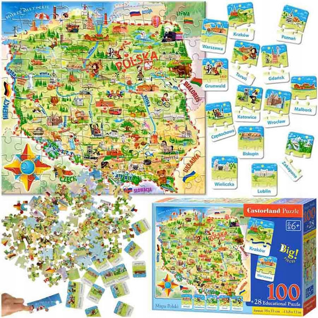 Puzzle 100 Układanka MAPA POLSKI Dla Dzieci 28 Puzzli z Miastami 6+ Castor