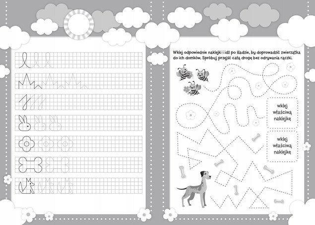 Pakiet Nauka PISANIA To Proste LITERKI CYFERKI SZLACZKI + Naklejki Skrzat