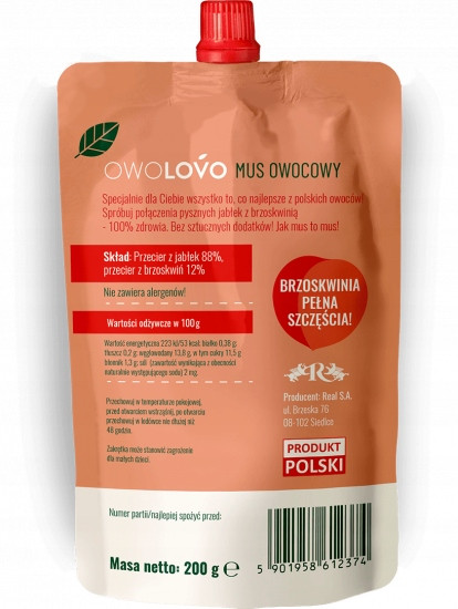 OwoLovo Brzoskwiniowo Mus Jabłkowo-Brzoskwiniowy Dla Dzieci 200g